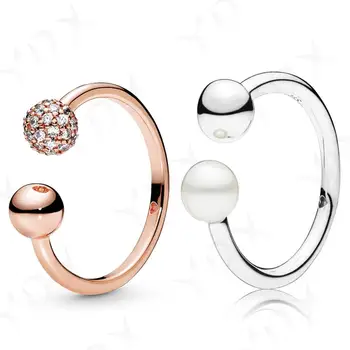 

YinDX 925 Sterling Silver Ring Shiny Rose Open Pearl European Women's Wedding Ring Gift Fine Jewelry