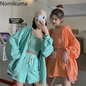 

Nomikuma Casual Fashion Sweat Suits Women Zipper Hooded Coat Basic Camisole High Waist Shorts 2020 Summer Korean Outfits 3a966