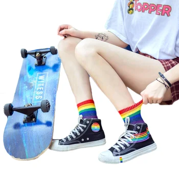 

Winter Unisex Fashion Hip Hop Hit Color Crew Socks Rainbow Stripes Hot Warmth Street Skateboard Sox Cotton Harajuku Bright Socks