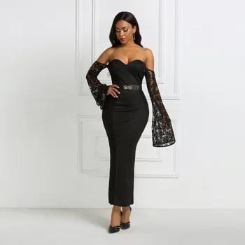 

Women's Dresses Elegant Sexy Off Shoulder Lace Sleeve Dinner Maxi Dresses For Female Off Shoulder Dress Long Black Frocks Ropa