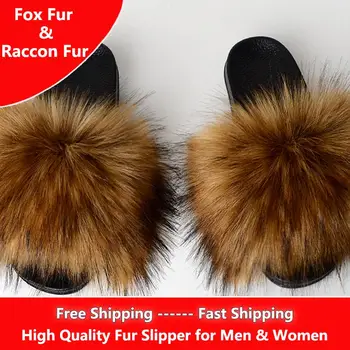 

Plush Slippers Raccoon Fur Fox Fur Fur Sliders Clasual Summer Home Shoes Feather Furry Flat Flip Flops Sweet Lady Slippers