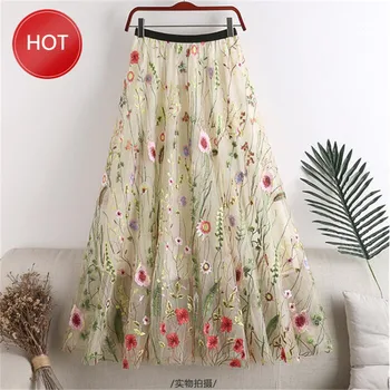 

skirt sexy Boho Elegant Apricot Floral Embroidered Skirts summer Elastic waist flower embroidery gauze