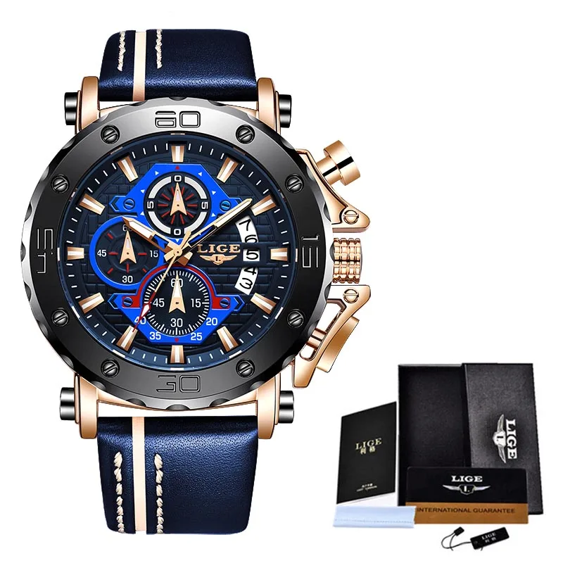 Rose gold blue Relogio Masculino, новинка, LIGE, спортивные мужские часы с хронографом, Топ бренд, повседневные, кожаные, водонепроницаемые, с датой, кварцевые часы, мужские часы - Цвет: Rose gold blue