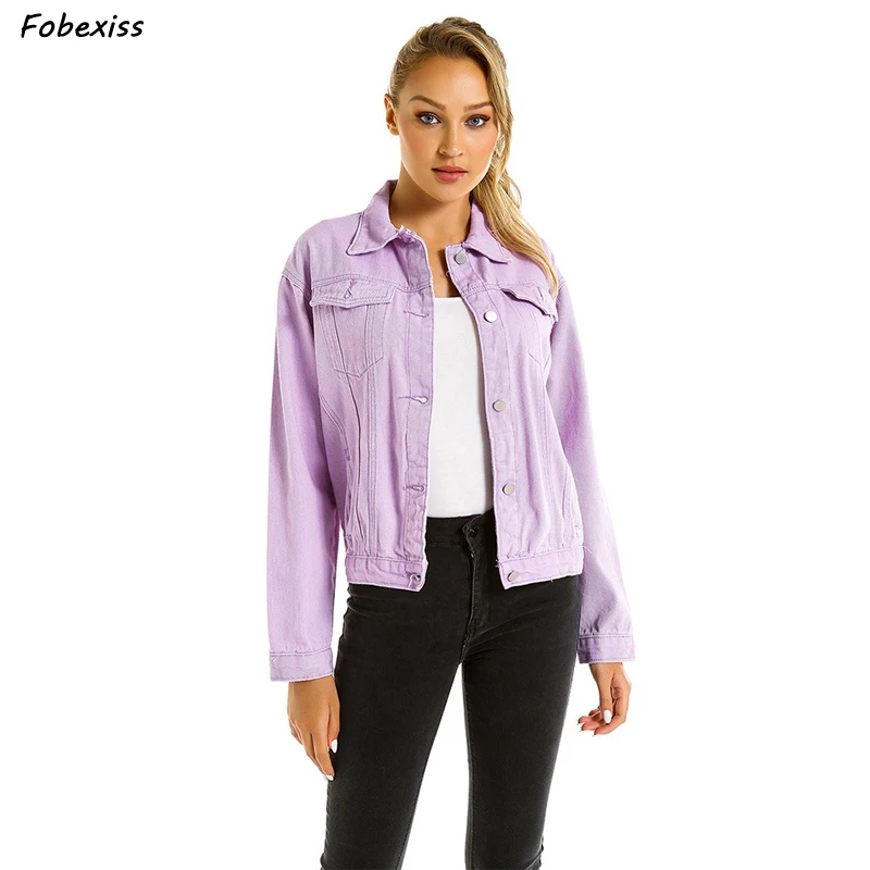 

Jeans Jacket Women Autumn 2019 New Loose Pocket Button Denim Jacket Elegant Light Purple Jeans Jacket Fall Women Bomber Coat