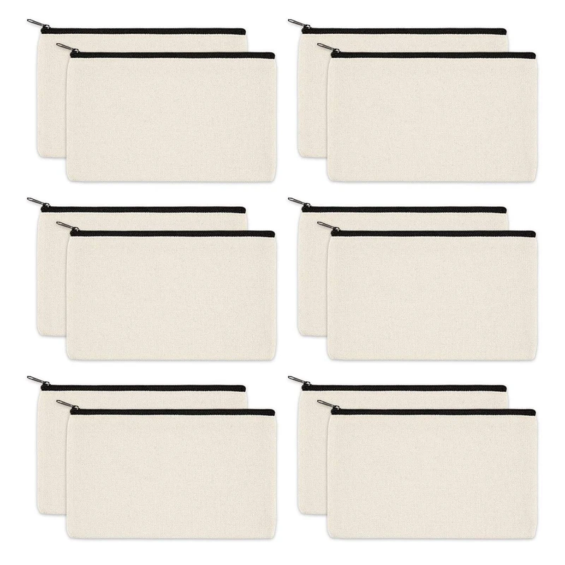

12 Pack Canvas Zipper Bags, Blank DIY Craft Pouches for Travel Cosmetic Makeup Bags, Pencil Case, Party Gift Bags, Coin Cash Pur