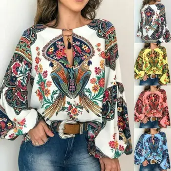 

2019 New Hot Women Autumn Summer Boho Floral V-Neck Long Lantern Sleeve Oversize Blouse Tops Plus Size S-3XL Loose Ladies Shirts