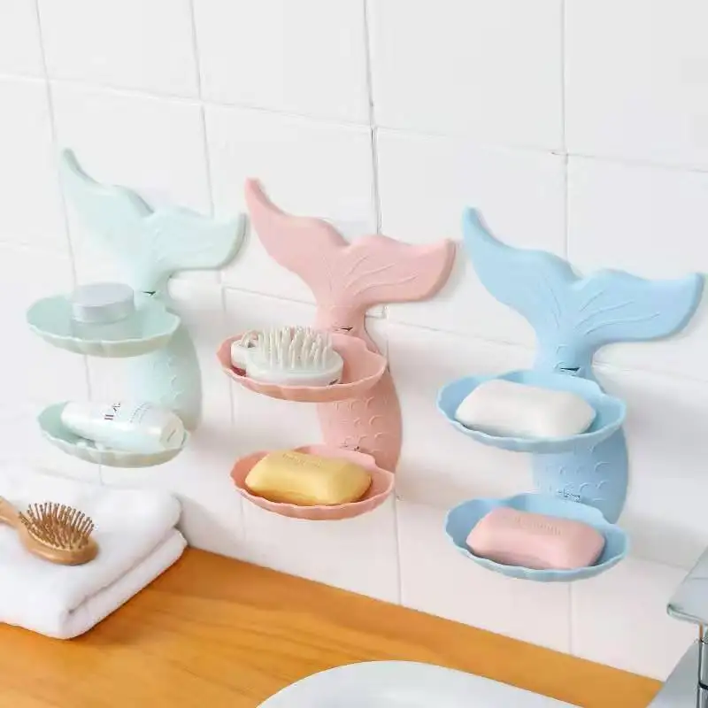 

Mermaid Shape Double Layers Bathroom Shower Soap Holder Soap Box Bathroom Sucker Soap Draining Soap Dish Wall Shelf