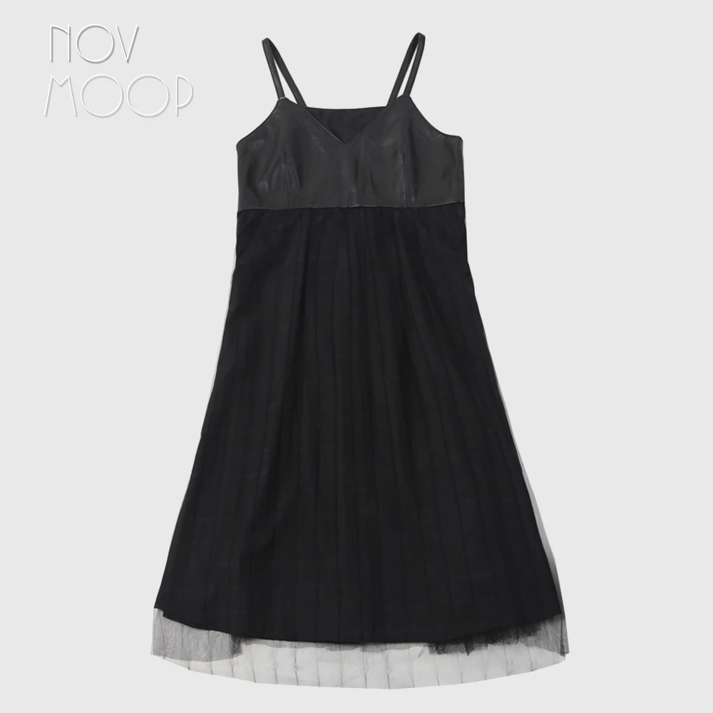 Novmoop high street autumn winter women black mesh gauze spliced sheepskin genuine leather dress vestidos robe femme LT2889