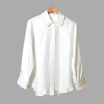 

19 Lady Lace Pearl Buckle Silk Joker Lotus Leaf Collar Slim Fit Shirt 93238