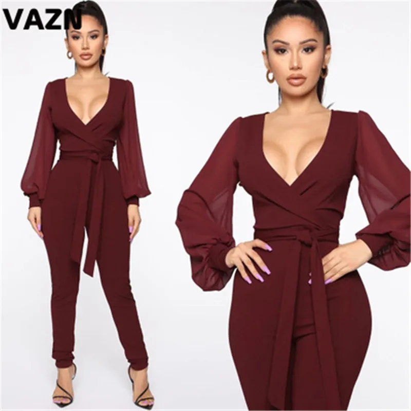 VAZN TK6039 Новые комбинезоны со шнуровкой на рынке для взрослых, модные, с глубоким v-образным вырезом, с длинным рукавом, одноцветные женские длинные комбинезоны-карандаш