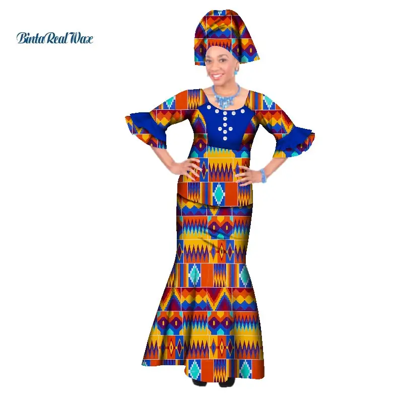 African Bazin Beads Tops and Skirt Sets for Women Print Dashiki Traditional 2 Pieces Mermaid Clothing WY045 | Тематическая одежда