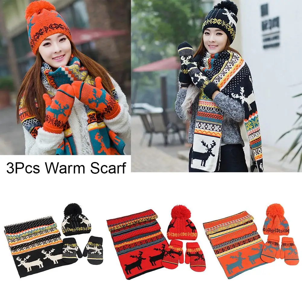Winter Caps Knit Thick Wool Lining Warm Christmas Gift Reindeer Thick Hat Scarf Glove Sets For Women Or Girl 3pcs Warm Set