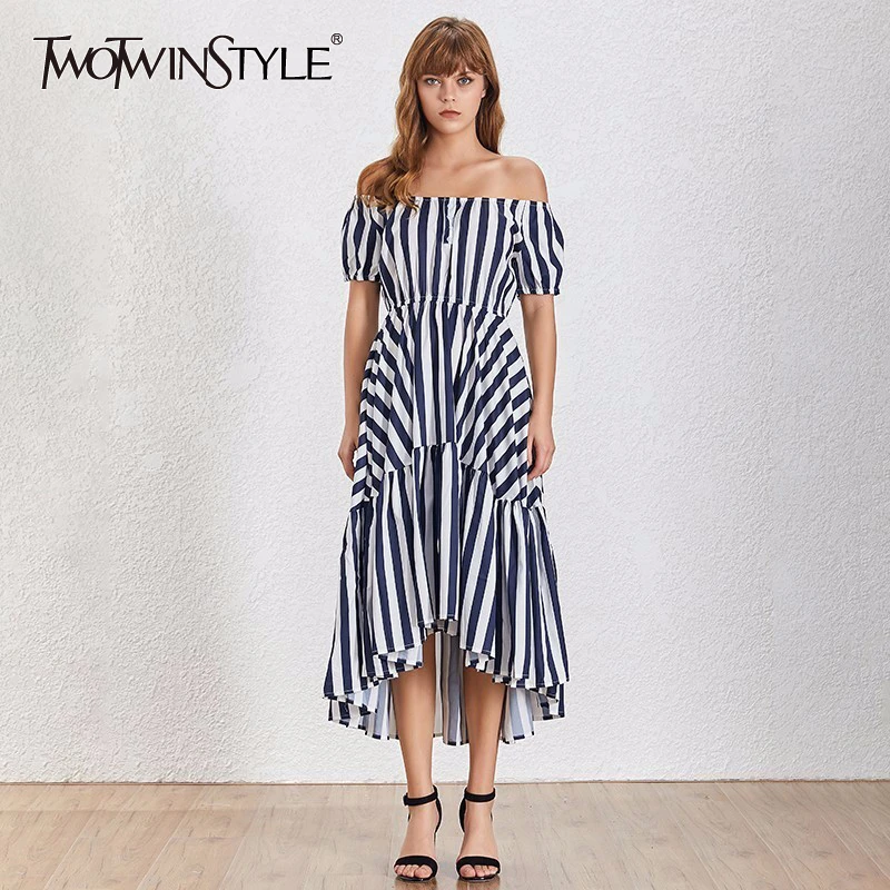 Платье TWOTWINSTYLE летнее ассиметричное с о-вырезом коротким рукавом и высокой талией