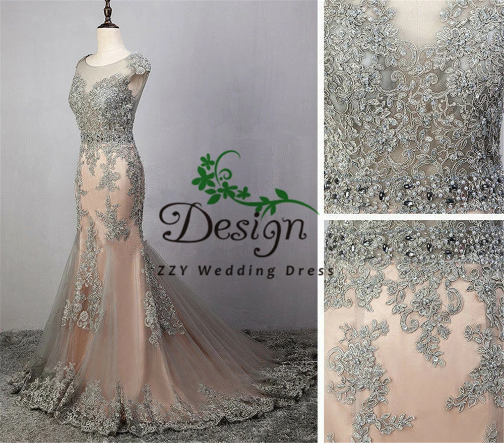 

Excellent Real Images Illusion Appliques Pearls Beading Sheath Custom-Made Evening Dresses Mermaid Mother Of The Bride Dresses