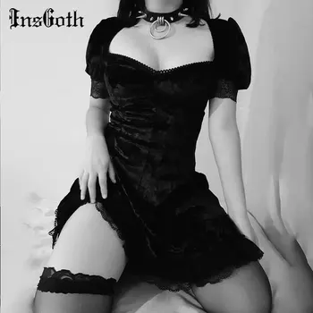 InsGoth-vestido gótico negro de Encaje Vintage, minivestido Sexy de cintura alta, vestido de estética elegante de manga corta de línea A, ropa para fiesta y Club 1