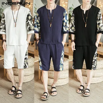 

Summer Chinese Style Cotton Men Sets 2020 Patchwork V Neck Half Sleeve Vintage Shirts Streetwear Shorts Casual Mens Suit INCERUN