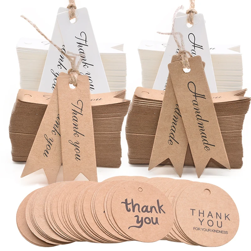 100pcs Handmade Thank You Tag Kraft Paper Gift Tag Label Jute Rope for DIY Crafts Product Tags Handmade Gift Candy Shop Supplies