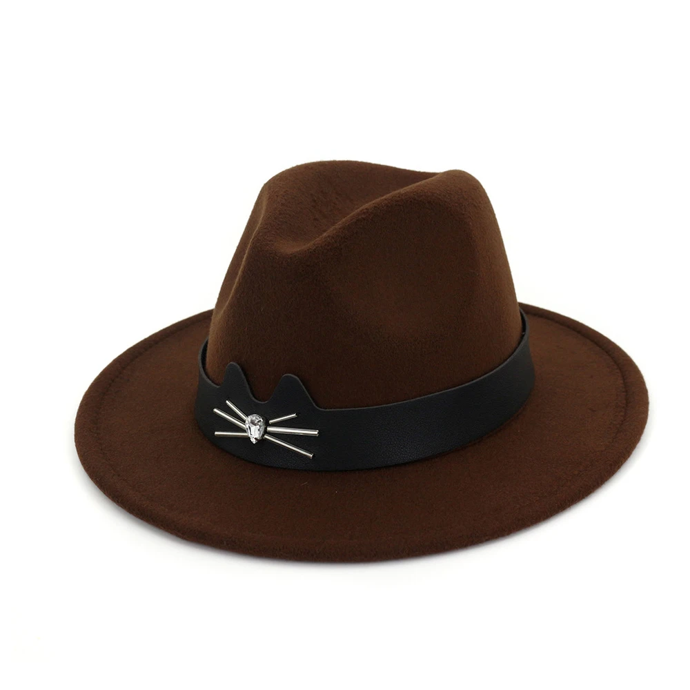 Dark Coffee Унисекс для мужчин и женщин шерстяная шляпа Fedora с кожаным поясом поп шляпа Панама джазовая, шляпа - Цвет: Dark Coffee