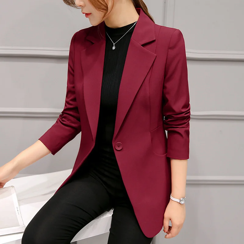 Women's Blazer Pink Long Sleeve Solid One Button Coat Slim Office Lady Jacket Female Autumn Fashion Blazers Femme Jackets