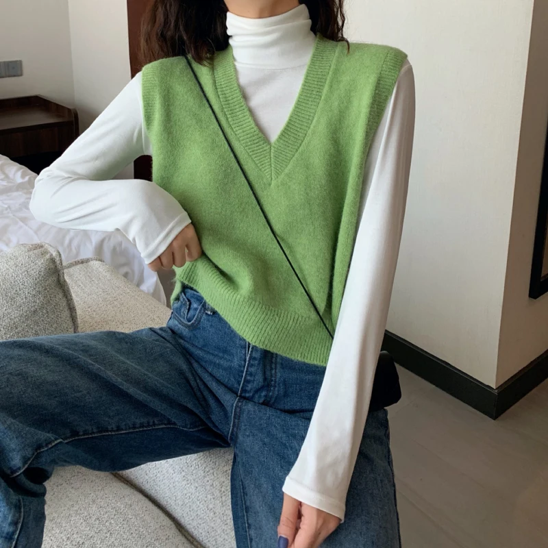 Korean Style Soild Color Women Sweater Vest Short Paragraph Loose Sweater Women's Autumn Wear New Wild Female Sweater Vest