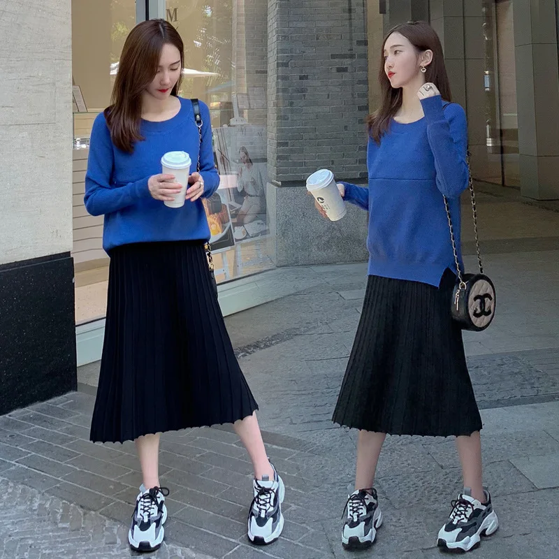 

Nursing Knit Core-Spun Yarn Sweater Tops Skirt Suit Feeding Set Hipster Mid-length Fashion Dress