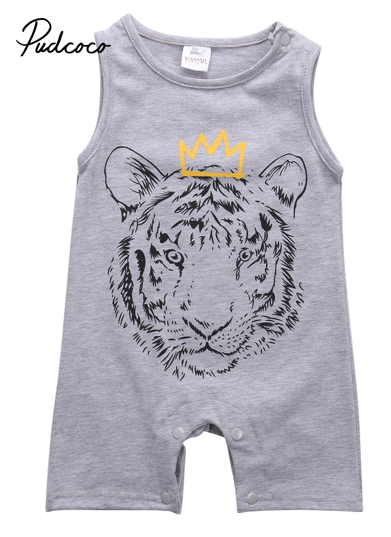 Summer Cotton Newborn Baby Boys Clothes Tiger Gray Sleeveless Romper Jumpsuit Outfits 0-24M |