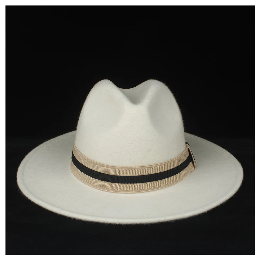 Wool Authentic Women White Fedora Hat Elegant Lady Party Hat Wide Brim Church Hat Fascinator Cap Size 56-58CM