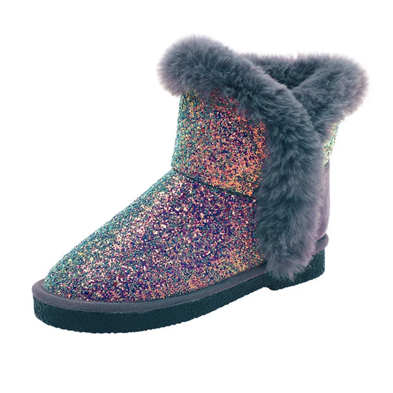 

Whoholl Snow Boots Women Ankle Boots Ladies Bling Warm Platform Slip On Winter Woman Short Furry Plush Women's Flat Female Shoes