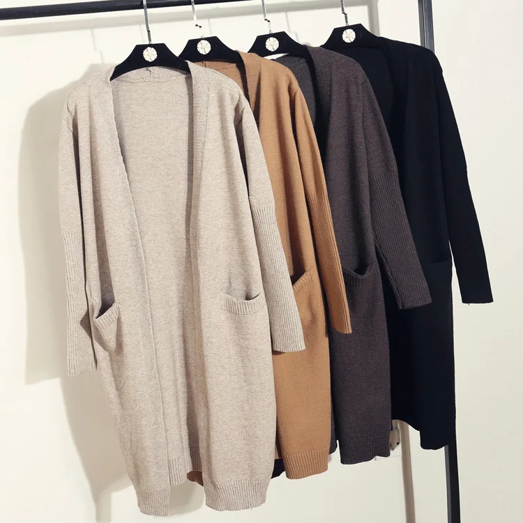 

2018 New Style Loose And Plus-sized Korean-style Cardigan Sweater Women's Solid Color Double Pocket Long Sleeve Mid-length Autum