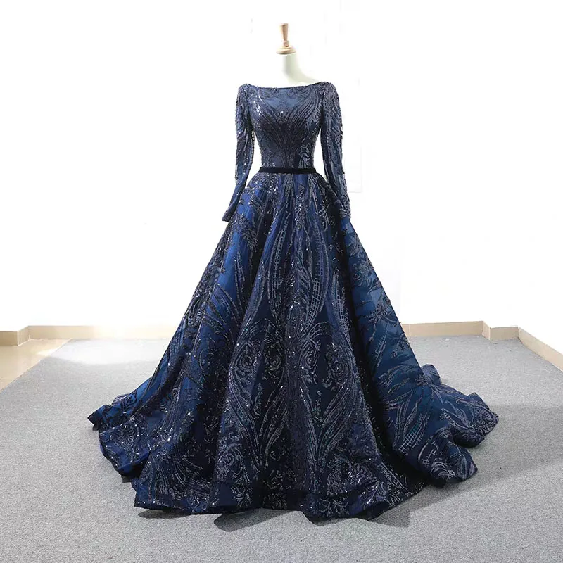 Navy Blue Линия сверкающие блестками Тюль Совок шеи с длинным рукавом Часовня Поезд Вечерние платья Формальные платья длиной до пола на шнуровке сзади - Цвет: Navy Blue