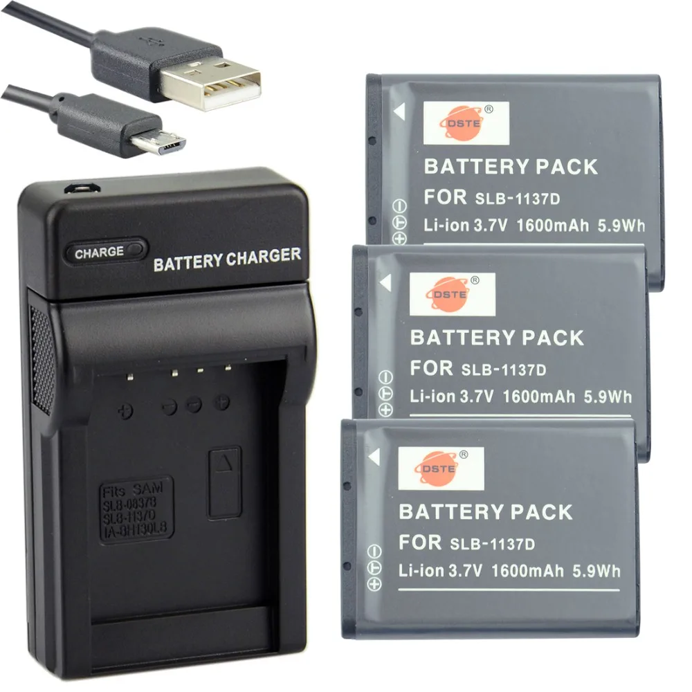 2 шт. 1600 мАч 3,7 V SLB-1137D 1137D DSTE Камера Батарея Зарядное устройство для samsung TL34HD i80 i100 L74 NV1 NV24 NV30 NV40 NV100HD NV103 - Цвет: 3Battery1USBCharger