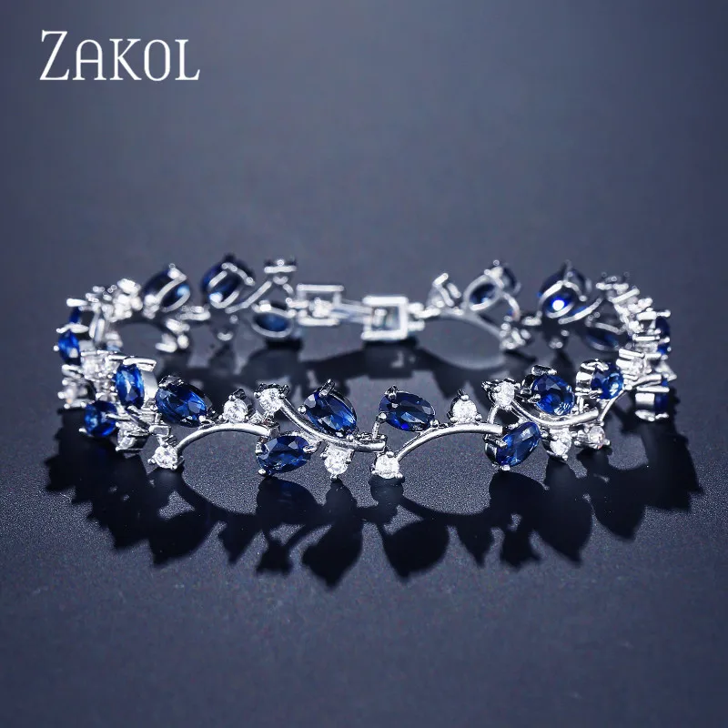 ZAKOL 4 цвета на выбор зеленый камень лист и цветок большой кубический цирконий браслеты с подвесками для женщин Свадебные украшения FSBP173