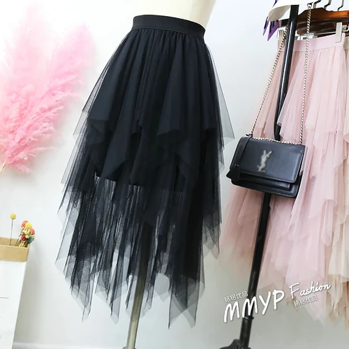 Женская розовая юбка, модная, повседневная, нестандартная, тюль, высокая талия, плиссированная, юбка-пачка, для девушек, миди, юбка Феи размера плюс - Цвет: Черный