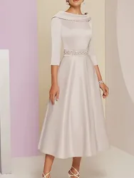 Champagen A-Line Mother of the Bride Dress Plus Size Elegant Bateau Neck Tea Length Satin 2022 Wedding Party Gown Vestidos