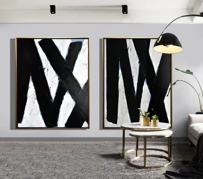 

Set of 2 Abstract Painting Canvas Art Geometrical Wall Art Black White Painting on Canvas Large Canvas Art Set of Two Home Decor