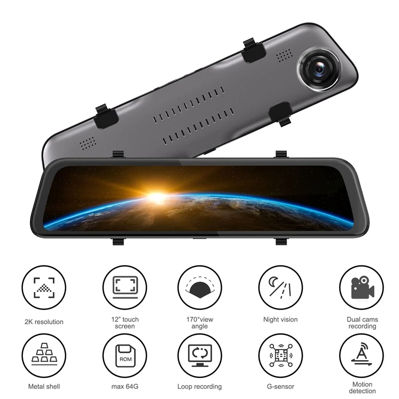 

12 Inch IPS Full Press Screen 1920x1080P Backup Camera Car Mirror Dash Cam Driving Recorder