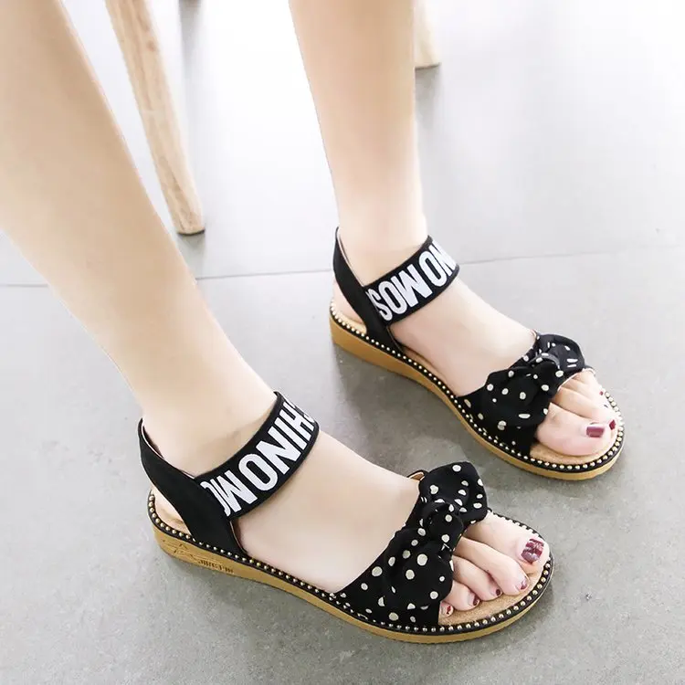 

Students Flat Sandals Women's 2020 Summer New Style Hipster Elastic Band Soft-Sole Bow Students Sandals