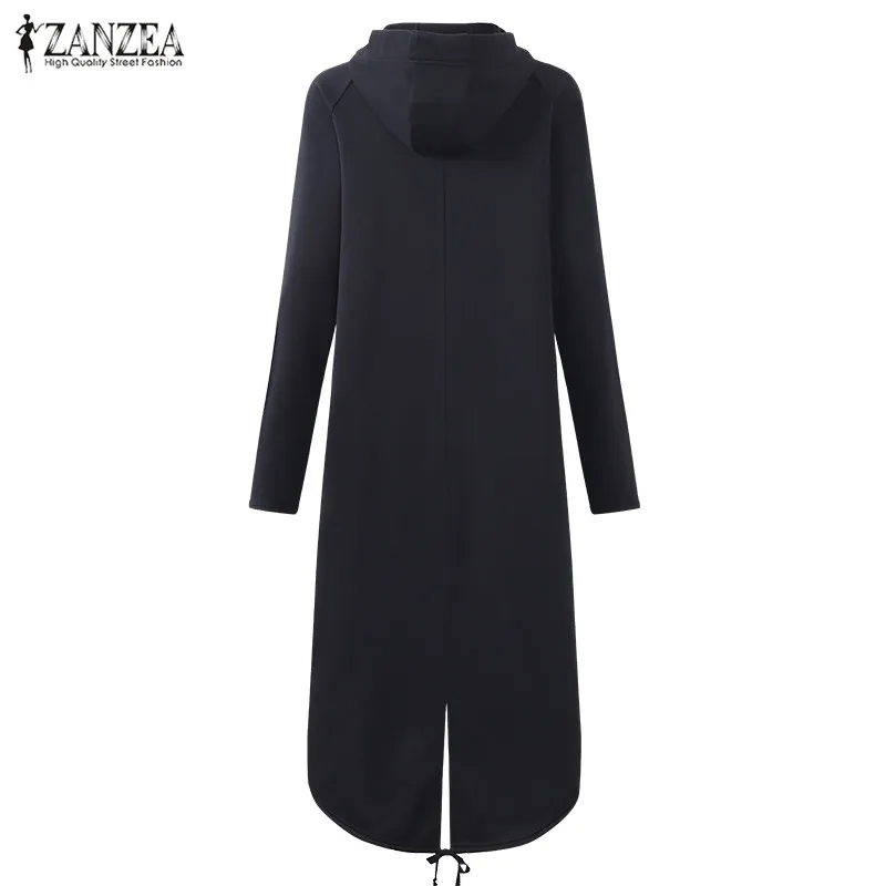 Женские толстовки на молнии с капюшоном ZANZEA зимнее однотонное длинное пальто Осенние повседневные толстовки с длинным рукавом асимметричные женские куртки