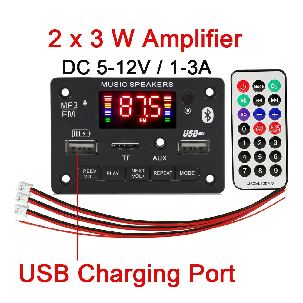 2*3W Amplifier Wireless MP3 WAV Decoder Decoding Board Module 12v Car USB MP3 Player WAV TF Card Slot / USB / FM Radio Module 