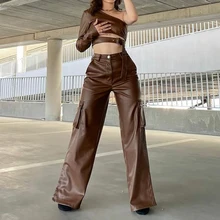 

Brown Baggy Faux Leather Wide Leg Pants Pockets Slit Streetwear Capri Pants Women Grunge Y2K Aesthetic Hip Hop Trousers