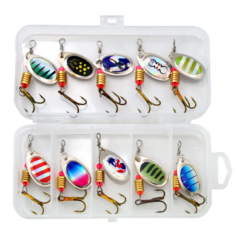 10PCS/Set Lure Metal Spinner Lure Spoon Set Gold Fishing Spinner Lure  Sequins with Box Treble Hooks Fishing Tackle Hard Bait