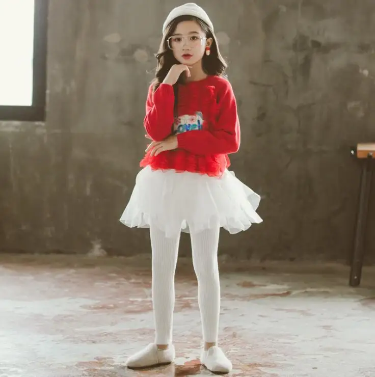 10.22th Ship) Good Quality Girls 2 pcs Suits Winter Knitted lace stitching sweater+ Gauze skirt trousers Children's suit