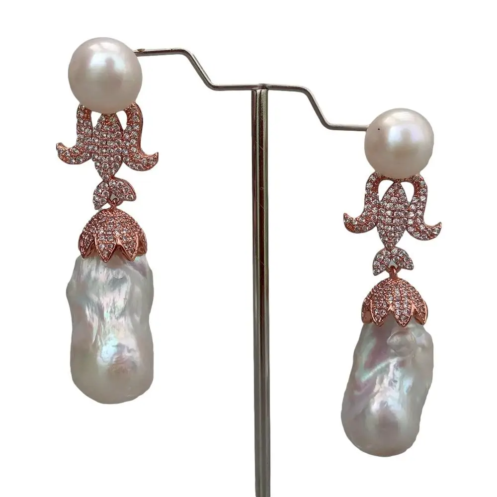 

Y·YING Freshwater Cultured White Keshi Baroque Pearl Drop Stud Cubic Zirconia Pave Rose Gold Color Dangle Earrings