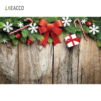 

Laeacco Wooden Board Pine Branch Gift Snowflake Bow-knot Christmas Photography Backdrops Photographic Backdrops For Photo Studio