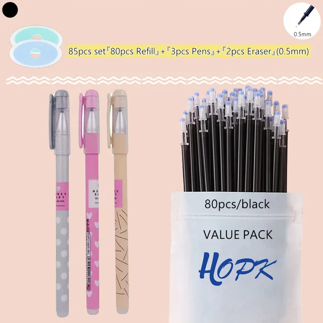 85Pcs/Set Blue Black Ink Gel Pen 0.5mm Erasable Refill Rod Erasable Pen Washable Handle School Writing Kawaii Stationery Gel Pen 0.5mm Black set E