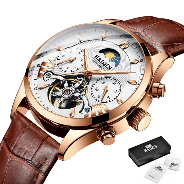 HAIQIN автоматические мужские часы Топ бренд наручные часы для мужчин tourbillon водонепроницаемые часы мужские стальные часы reloj hombre - Цвет: Gold-white-L