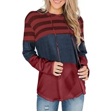 Women Hoodies Loose Pullover Long Sleeve Contrast Color Stripes Spring Autumn Sweatshirt Top BB55