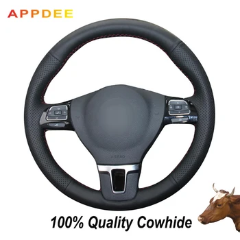 

APPDEE Black Genuine Leather Steering Wheel Cover for Volkswagen VW Golf Tiguan Passat B7 CC Touran Magotan Sagitar