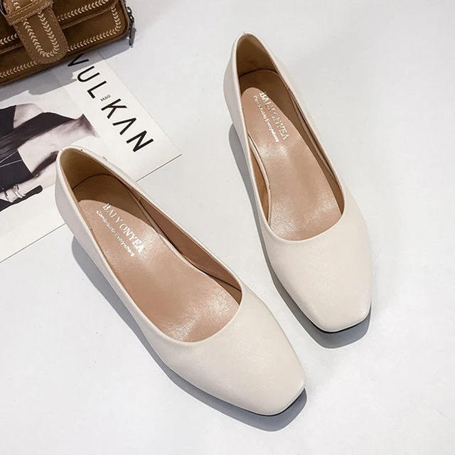Women Loafers Simple PU Leather Slip-on Shoes Round Toe Mid Heel Ladies Party Student Shoes Pumps Moccasins chaussures femme Beige