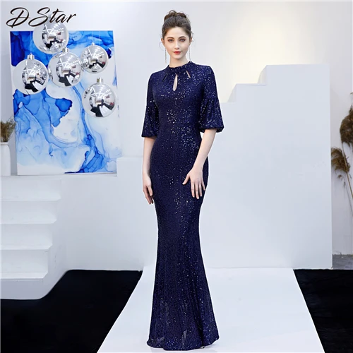 Navy Blue Новые пикантные Длинные рукава Русалка Платья для вечеринок с блестками vestido de festa халат Макси платья robe De Soiree - Color: Navy Blue